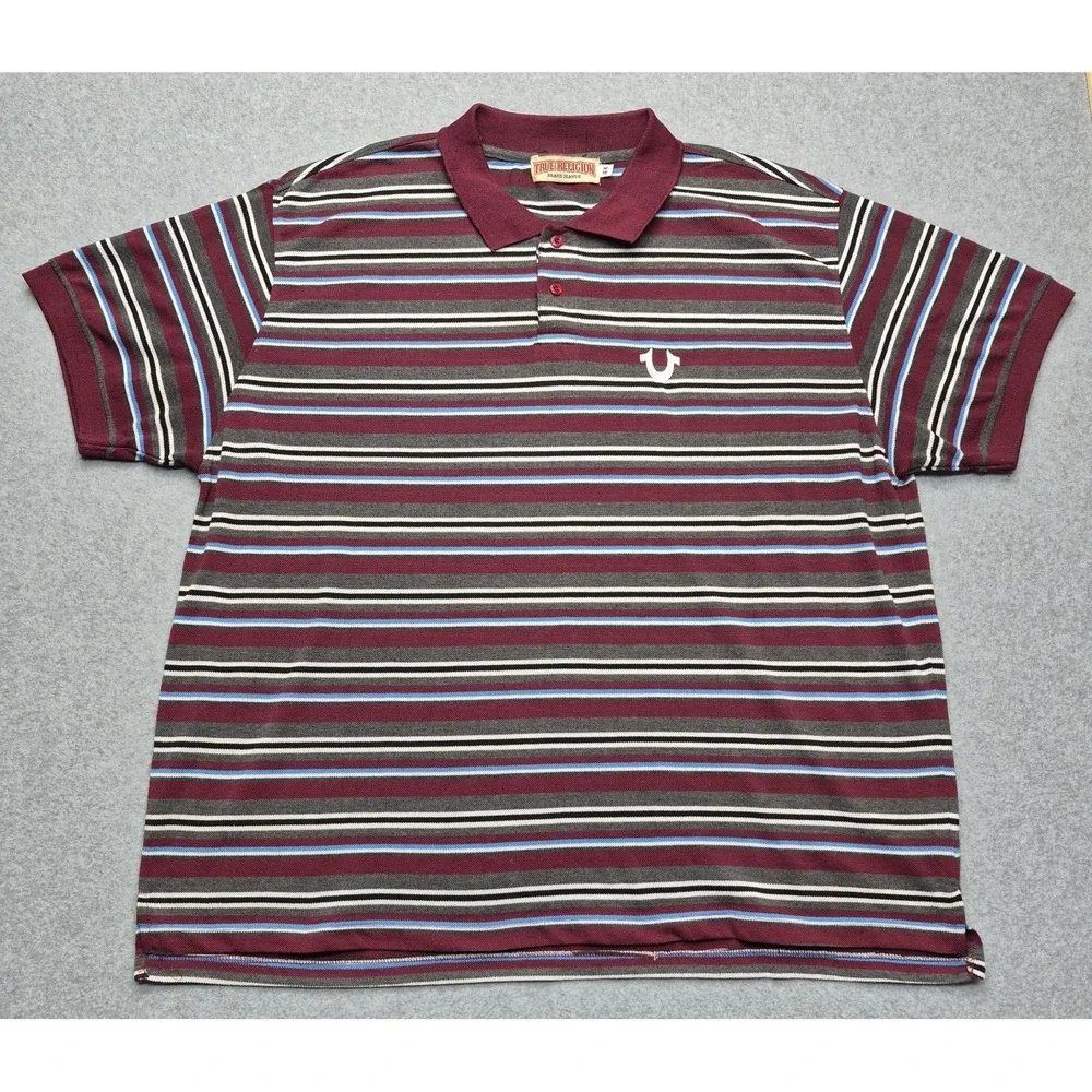 True Religion Shirt Men's 4XL Striped Polo Burgundy Short Sleeve Horseshoe Logo